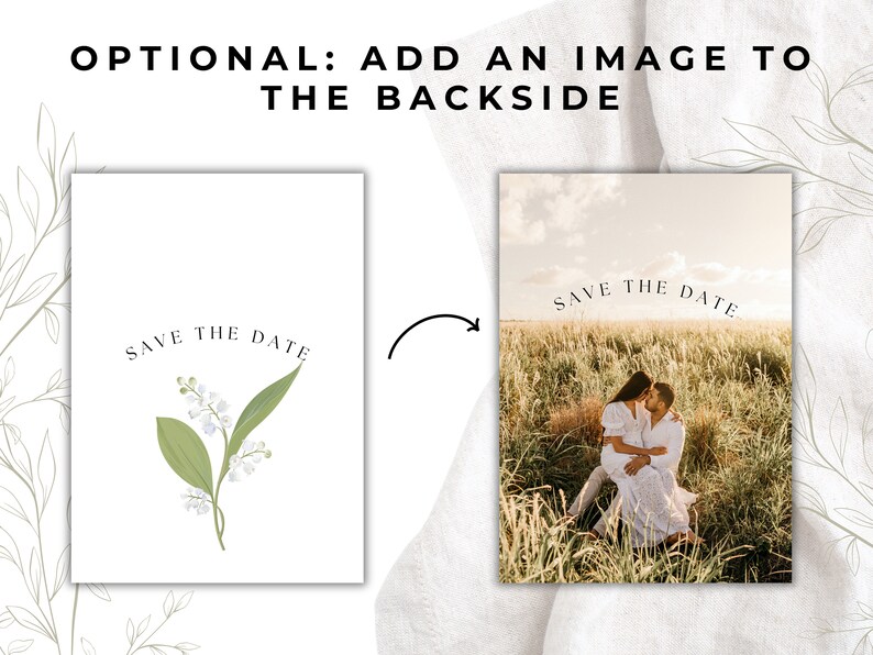May include: Two cards with the text "Save the Date" on them. One card features a floral illustration of lily of the valley. The other card has a photograph of a couple sitting in a field.