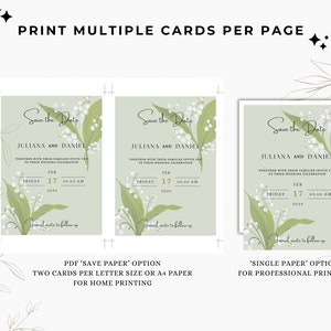 May include: Two save the date cards with a green background and lily of the valley flowers. The text reads "Save the Date" with the names "Juliana and Daniel" and the date "Friday, February 17, 2024". The cards are shown side-by-side with the text "PDF 'Save Paper' Option" and "Two cards per letter size or A4 paper for home printing".