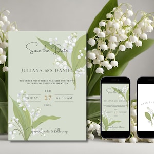 Modèle "Retenez cette date", "Retenez cette date numérique Muguet", thème floral personnalisable, modèle modifiable pour mariage | Alice