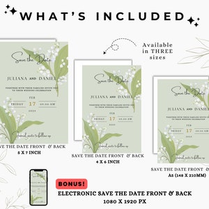 May include: A set of three save the date cards featuring a floral design with lily of the valley flowers. The cards are available in three sizes: 5x7 inches, 4x6 inches, and A5 (148x210mm). The cards are also available as an electronic save the date in 1080x1920 pixels.