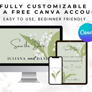 May include: A digital mockup of a save the date card with a green background and white lily of the valley flowers. The text reads "Save the Date" with the names "Juliana and Daniel" below. The card is displayed on a computer screen, tablet, and smartphone.