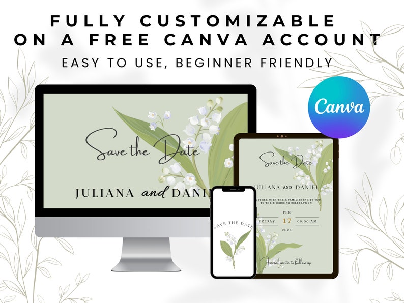 May include: A digital mockup of a save the date card with a green background and white lily of the valley flowers. The text reads "Save the Date" with the names "Juliana and Daniel" below. The card is displayed on a computer screen, tablet, and smartphone.