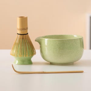 Green Ceramic Matcha Bowl Set with Spout Bamboo Whisk and Chasen Holder Unique Matcha Gift Set 450ml