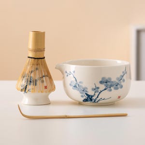 Hand-painted Plum Blossom Ceramic Matcha Bowl Set with Spout Bamboo Whisk and Chasen Holder Unique Matcha Whisk Gift Set 450ml