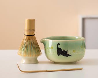 Set di ciotole per Matcha in ceramica dipinta a mano con gatto nero, frusta in bambù con beccuccio e supporto per Chasen, set esclusivo per tè Matcha da 450 ml
