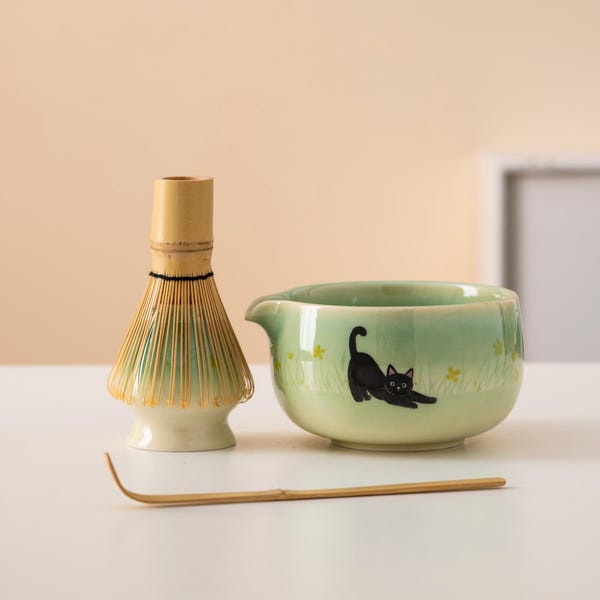 Hand-painted Black Cat Ceramic Matcha Bowl Set with Spout Bamboo Whisk and Chasen Holder Unique Matcha Tea Set 450ml