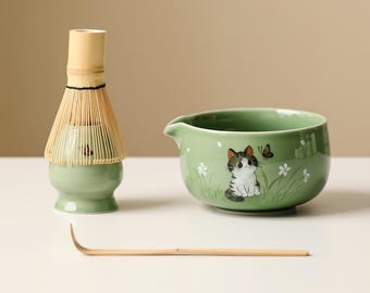 Hand-painted Cat Matcha Bowl Set with Bamboo Whisk and Holder