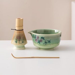 Hand-painted Flower Ceramic Matcha Whisk Set with Bamboo Whisk and Chasen Holder Green Matcha Bowl Set 450ml