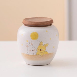 Hand-painted Couple Bunny Ceramic Tea Canister with Lid 120ml