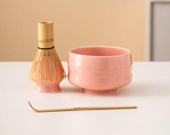 Pink Ceramic Matcha Bowl Set Bamboo Whisk and Chasen Holder Unique Matcha Whisk Set 480ml