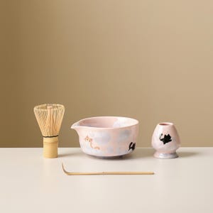 Handmålad katt kristallin glasyr keramisk matchaset med bambu visphållare 450ml Complete Matcha Set
