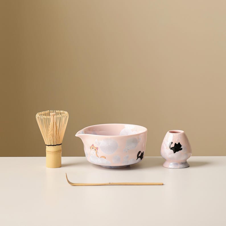 Handmålad katt kristallin glasyr keramisk matchaset med bambu visphållare 450ml Complete Matcha Set