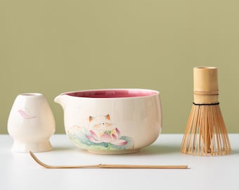 Hand-painted Cat and Lotus Ceramic Matcha Bowl Set 450ml