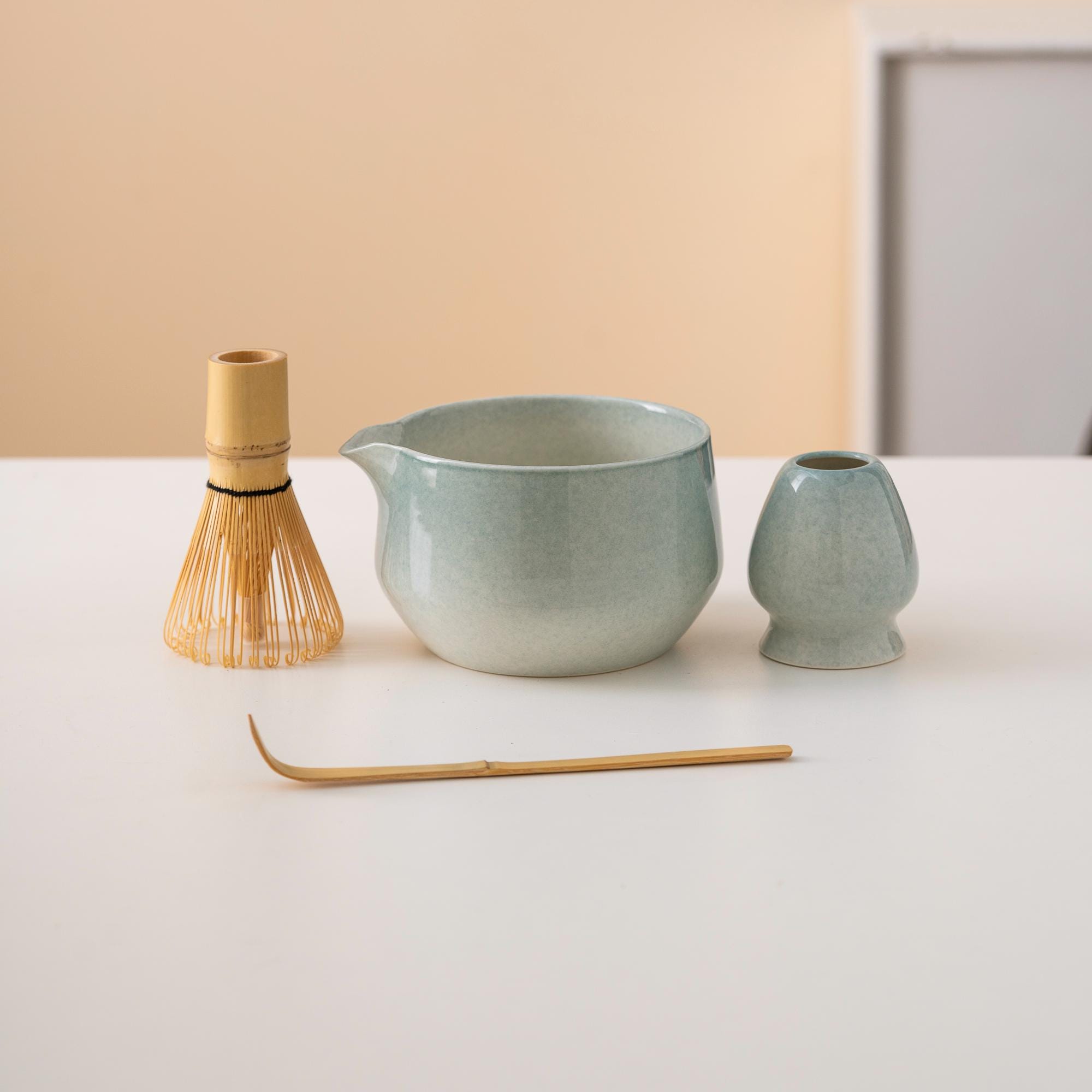 Blue Ceramic Matcha Bowl Set With Spout Bamboo Whisk and Chasen