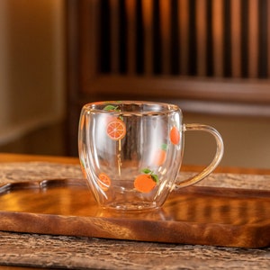 Hand-painted Orange Double Walled Glass Tea Cup with Handle 180ml