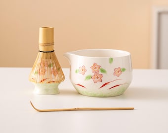 Handbemalte Florale Keramik Matcha Schüssel Set mit Ausguss Bambus Schneebesen und Chasen Halter Elegantes Matcha Schneebesen Set 450ml