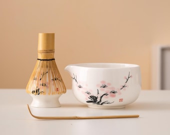 Hand-painted Pink Plum Blossom Ceramic Matcha Bowl Set with Spout Bamboo Whisk and Chasen Holder Unique Matcha Whisk Gift Set 450ml