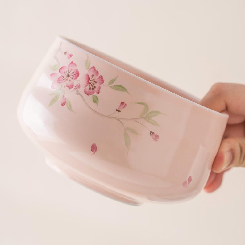 May include: A light pink ceramic bowl with a floral design. The bowl features a delicate pattern of pink cherry blossoms and green leaves. The bowl is held by a hand.