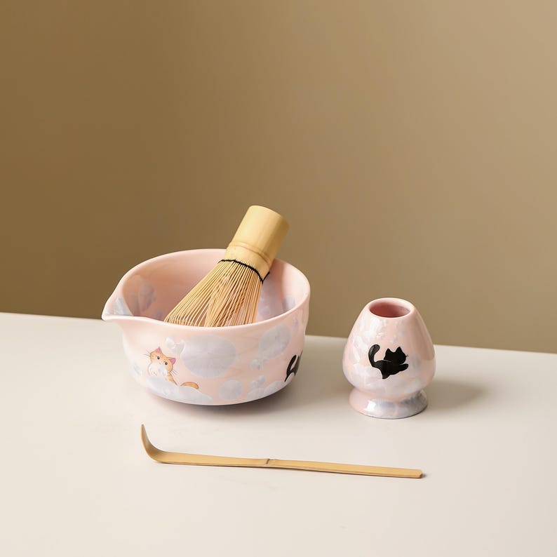 Handmålad katt kristallin glasyr keramisk matchaset med bambu visphållare 450ml bild 8