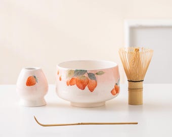 Handbemalte Erdbeere Keramik Matcha Schüssel Set Bambus Schneebesen und Chasen Halter Einzigartiges Matcha Kit Geschenkset 480ml
