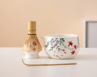 Handmålad blommig keramisk matchaskålset med pip, bambuvisp och chasenhållare, elegant matcha-ceremoniset, 450 ml