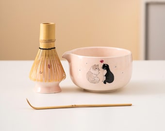 手描きカップル猫陶器抹茶碗セット注ぎ口竹製泡立て器と茶筅ホルダー付きピンク抹茶茶道セット450ml