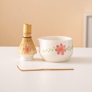 Hand-painted Flower Ceramic Matcha Bowl Set with Spout Bamboo Whisk and Chasen Holder Floral Matcha Tea Ceremonial Set 450ml