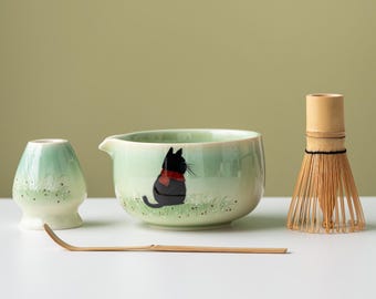Handmålad söt katt Matcha skålset med bambuvisp och Chasen-hållare 450ml