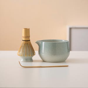 Blue Ceramic Matcha Bowl Set with Spout Bamboo Whisk and Chasen Holder Blue Matcha Japanese Tea Set 450ml