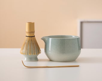 Blue Ceramic Matcha Bowl Set with Spout Bamboo Whisk and Chasen Holder Blue Matcha Japanese Tea Set 450ml