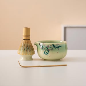 Hand-painted Flower Ceramic Matcha Bowl Set with Spout Bamboo Whisk and Chasen Holder Unique Matcha Tea Set 450ml
