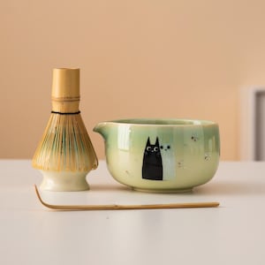 Hand-painted Cute Cat Ceramic Matcha Bowl Set with Spout Bamboo Whisk and Chasen Holder Unique Matcha Tea Set 450ml