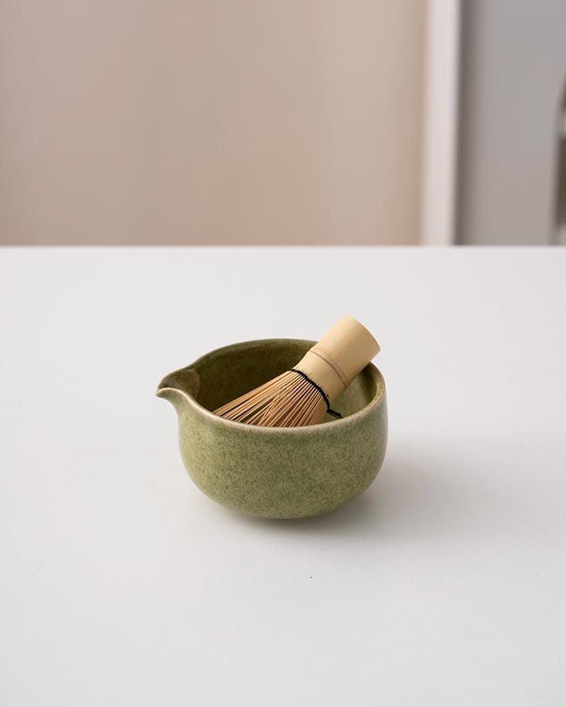 Green Ceramic Matcha Bowl Set With Spout Bamboo Whisk and