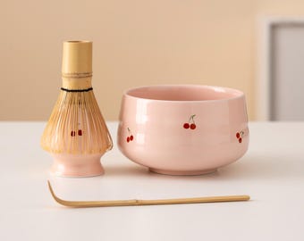 Hand-painted Cherry Ceramic Matcha Bowl Set with Bamboo Whisk and Chasen Holder Pink Matcha Ceremonial Set 600ml