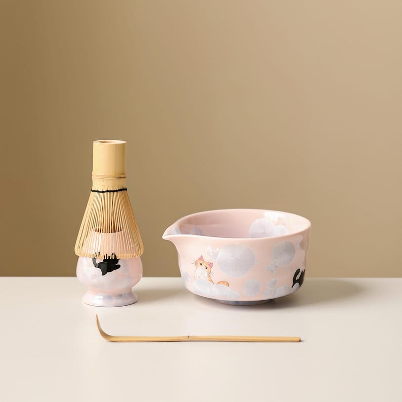 Handmålad katt kristallin glasyr keramisk matchaset med bambu visphållare 450ml bild 1