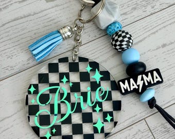 Customized MAMA Keychain | Personalized Checkered Acrylic and Silicone Bead Key ring, Gift for Mom, Bag charm