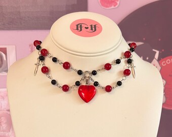 Queen of Hearts V2 Black and Red Beaded Choker Necklace with Heart Charm
