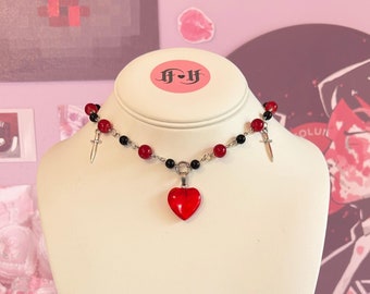 Queen of Hearts Black and Red Beaded Choker Necklace with Heart Charm
