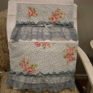 Victorian- Cottage chic  Pink roses blue lace ruffle Decorative Guest White Hand towel set