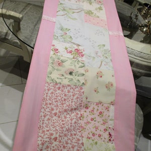 Shabby Chic Pink Roses Patchwork Table Runner with Vintage Crochet Lace (64"x 13")