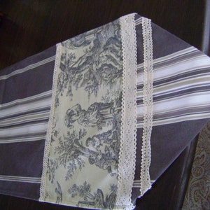 Hand made Farmhouse Table Runner, Gray & White /Beige Striped Rustic Table Runner, Bed scarf Runner, Romantic Toile Ecru lace 115&quot; x 17&quot;