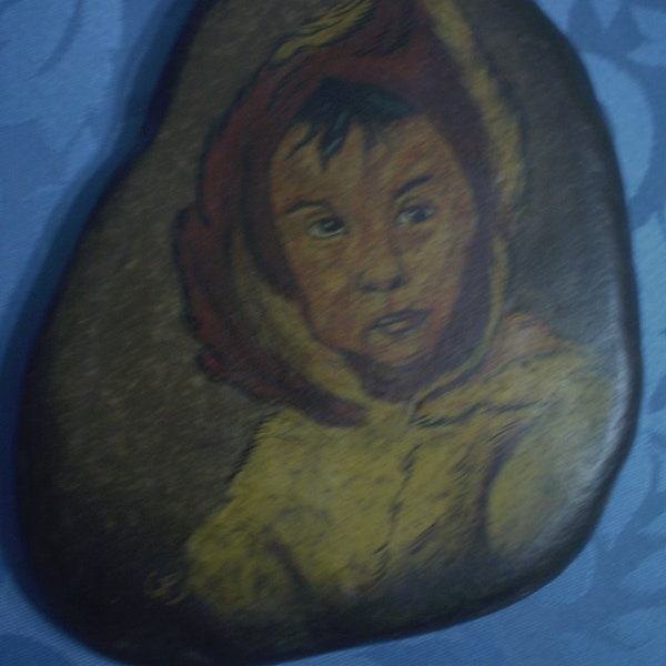 Vintage Original Hand Painted on Natural Stone Native Indian Boy Signed PICTURE, Paper weight