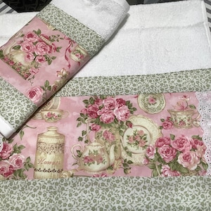 Pink Garden Tea cup rose Cottage chic  eyelet lace Decorative Guest White Hand towel set