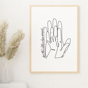 Könnte beinhalten: Schwarzweiß-Linienkunst-Druck von drei nach oben reichenden Händen mit dem Text "for this little one we have prayed" und "1 Samuel 1:27".