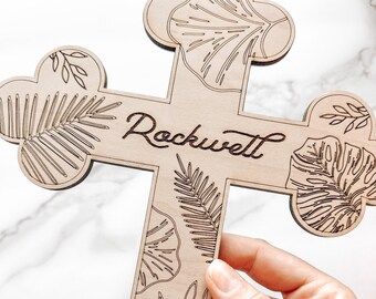 Tropical / Plants / Custom Wood Child’s Cross Engraved with Name / Baptism Christening Gift / First Communion / New Baby / Baby Shower