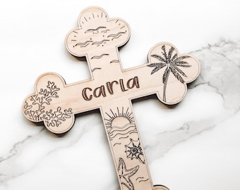 Beach / Custom Wood Child’s Cross Engraved with Name / Baptism Christening Gift / First Communion / Christian / New Baby / Baby Shower