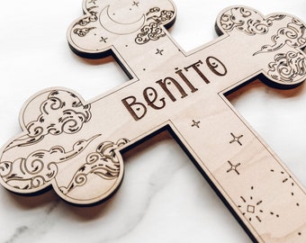 Night Sky / Custom Wood Child’s Cross Engraved with Name / Baptism Christening Gift / First Communion / Christian / New Baby / Baby Shower