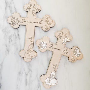 Peonies / Custom Wood Childs Cross Engraved with Name / Baptism Christening Gift / First Communion / New Baby / Baby Shower / Religious image 3