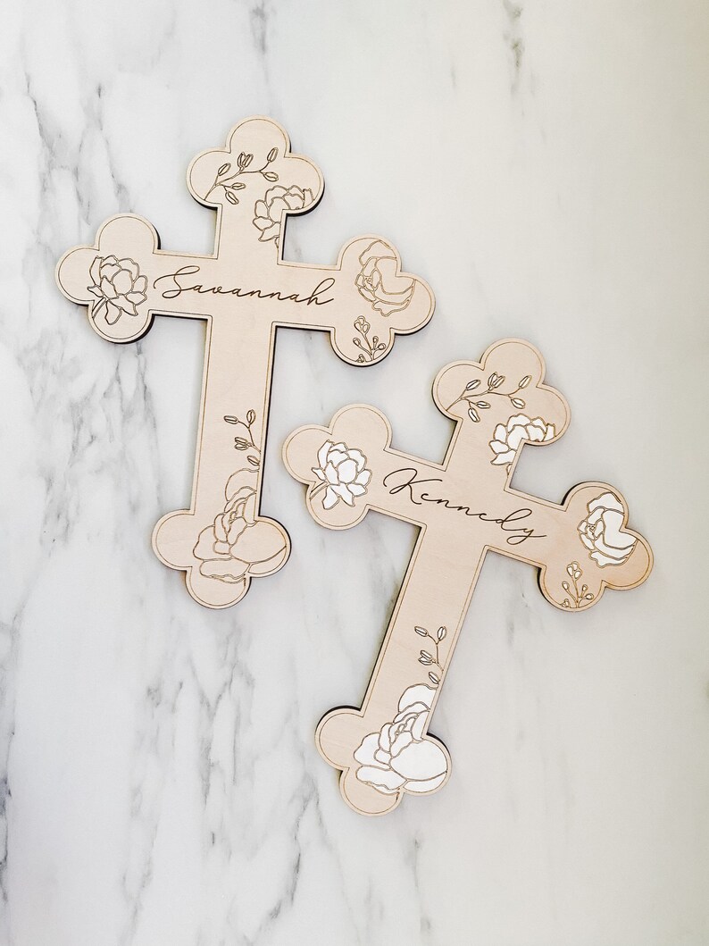 Peonies / Custom Wood Childs Cross Engraved with Name / Baptism Christening Gift / First Communion / New Baby / Baby Shower / Religious image 3