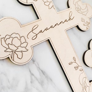 Peonies / Custom Wood Childs Cross Engraved with Name / Baptism Christening Gift / First Communion / New Baby / Baby Shower / Religious Natural Unpainted